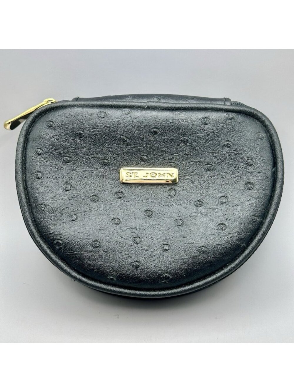 St John Designer Jewelry Box Pouch Case Travel Case Black Ostrich Style Vintage
